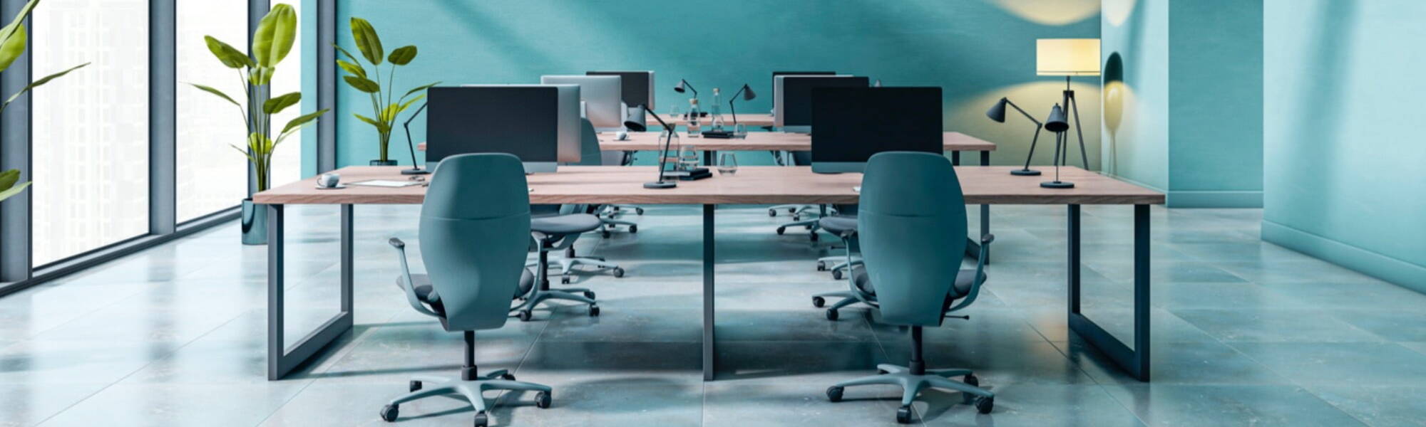 Talent Hub office desk and chairs blue